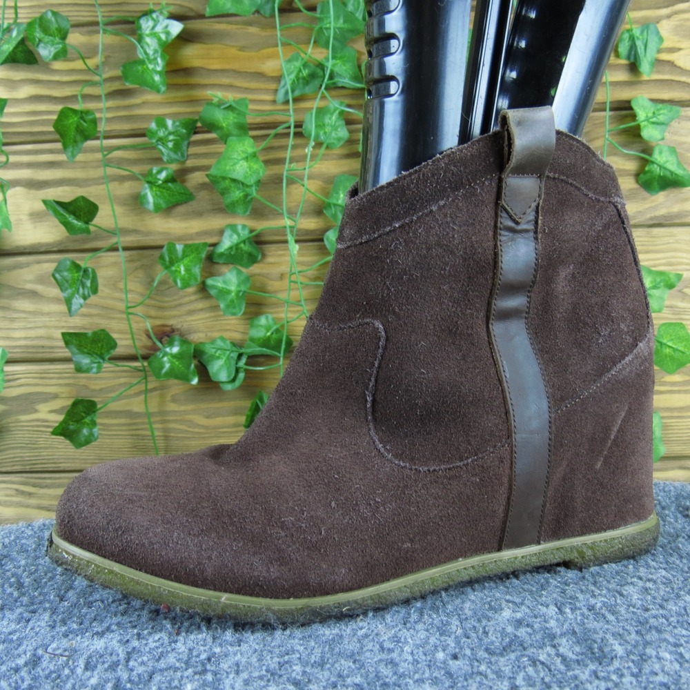 80%20 Brown Suede Wedge Ankle Boots Pull On Hidden Heel Casual Women's 8.5